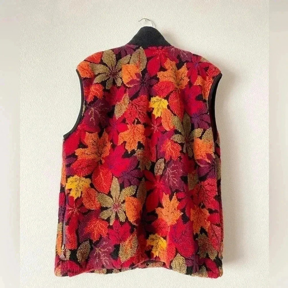 Vintage Retro Autumn Fall Leaves 90s Fleece Mock Neck Full Zip Vest Size Large - Picture 2 of 5